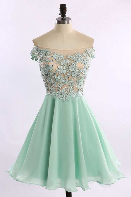 Short Chiffon Tulle Appliques Lace Beads Cute Off the Shoulder Green Homecoming Dresses RS740