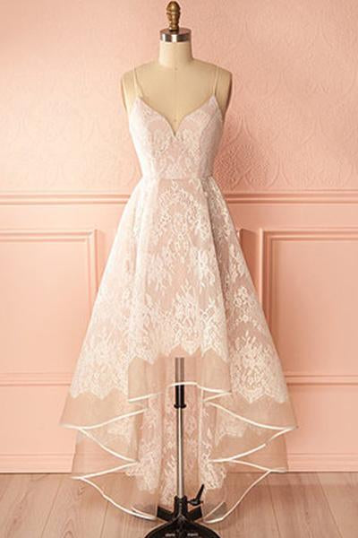 A-Line Ivory V-Neck Lace Spaghetti Straps High Low Open Back Homecoming Dresses RS517