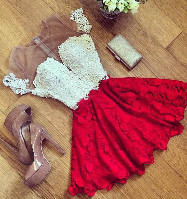 Cute Red Lace Short Sleeve Knee Length Homecoming Dress Cheap Cocktail Dresses RS470