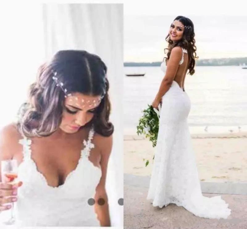 Sexy Lace Mermaid Spaghetti Straps V Neck Backless Beach Wedding Dresses RS236