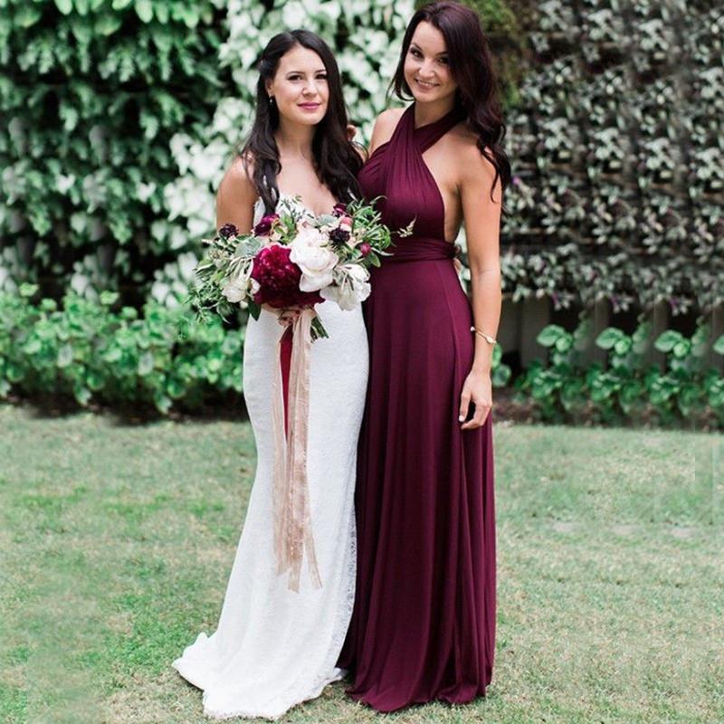 Charming Burgundy A-Line Halter Backless Maroon Chiffon Bridesmaid Dress with Sash RS16