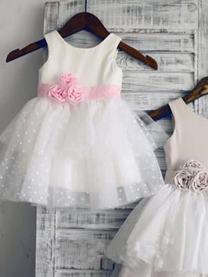 Ball Gown Scoop Neck Tulle Ivory Elastic Woven Satin Short Mini Tiered Flower Girl Dresses RS735