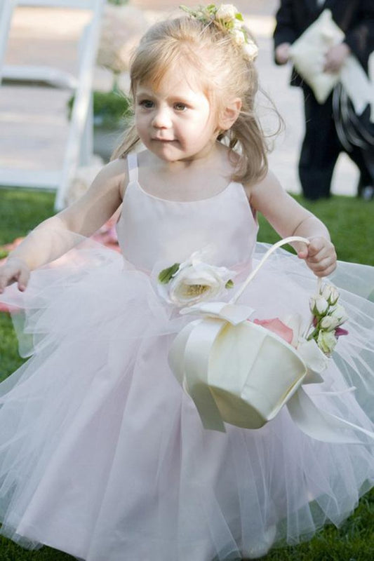 Ball Gown Scoop Neck Tulle Elastic Woven Satin Ankle-length Flower(s) Flower Girl Dresses RS733