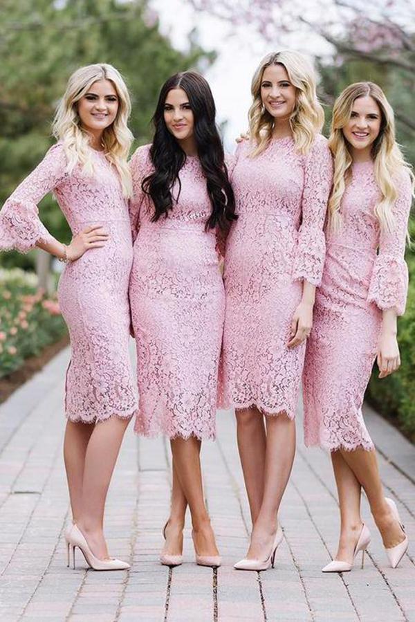 Fashion Sheath Jewel Mermaid Long Sleeves Pink Lace Knee Length Bridesmaid Dress RS580