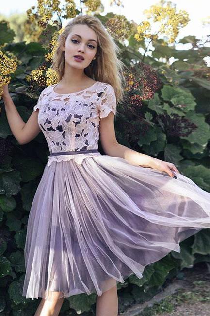 Short Sleeves Scoop Lace Homecoming Dresses A line Cheap Pink Short Prom Dresses RS930