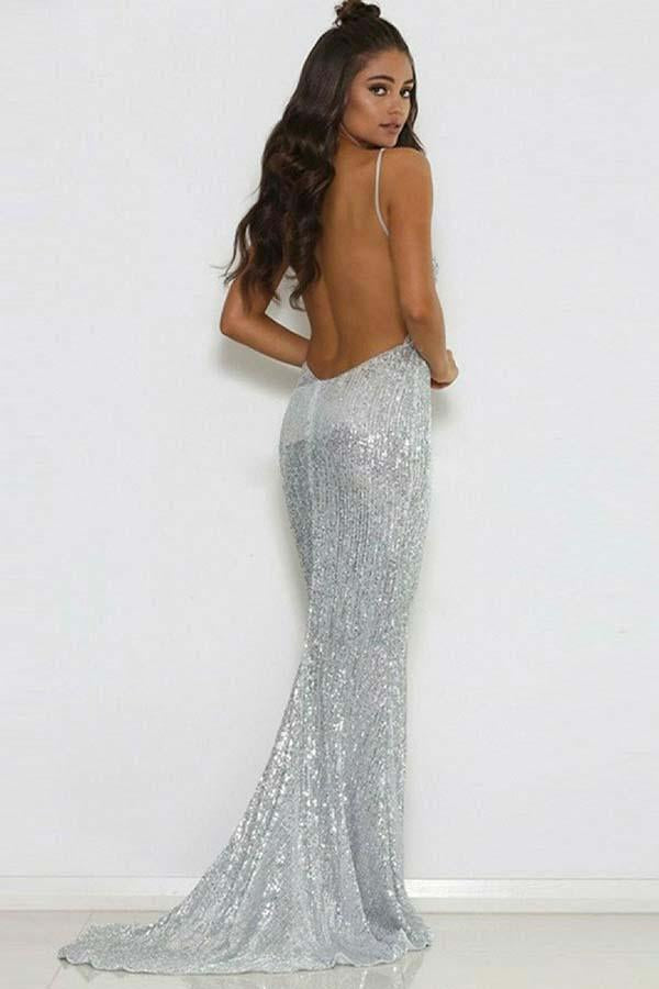 Backless V-neck Sequins Silver Spaghetti Straps Short Train Mermaid Prom Dresses RS503