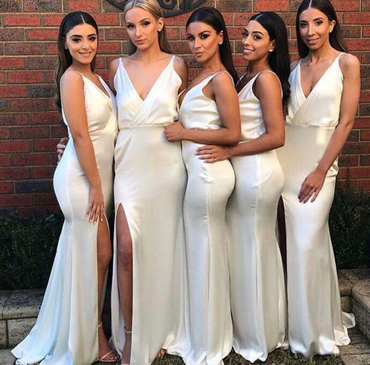 Sexy Mermaid Ivory V Neck Split Long Bridesmaid Dresses Sleeveless Prom Dresses RS918