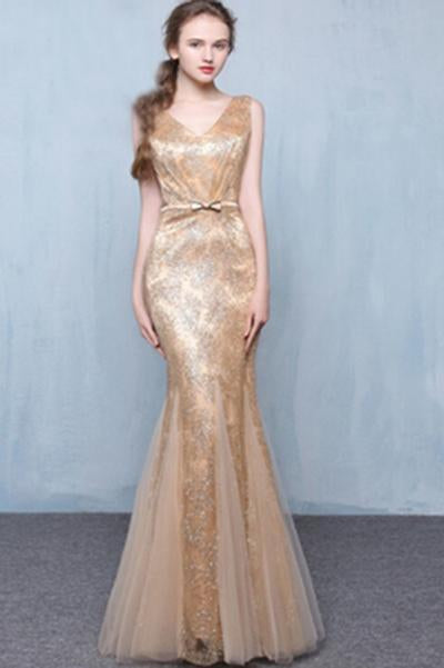 Golden Sequins V-Neck Mermaid Elegant Tulle Sleeveless Prom Dresses with Sash Bowknot RS248