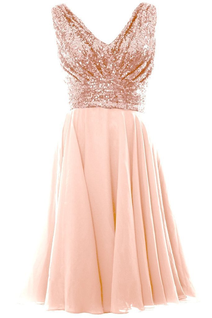 A Line Blush Pink V Neck Chiffon Short Bridesmaid Dress with Rose Gold Sequins RS779