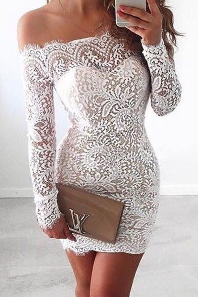 White Lace Bodice Off shoulder Long Sleeves Mermaid Homecoming Dress