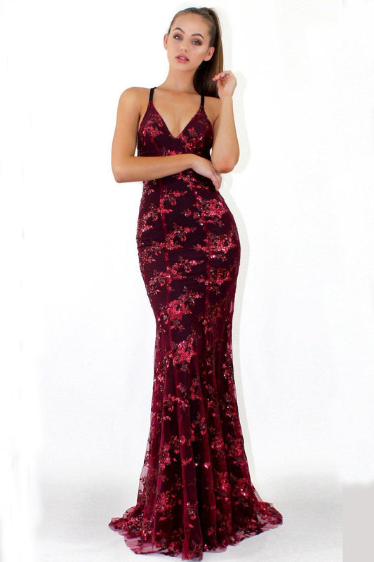 Fashion Spaghetti Straps Burgundy Sequin Mermaid Backless Deep V Neck Prom Dresses RS892