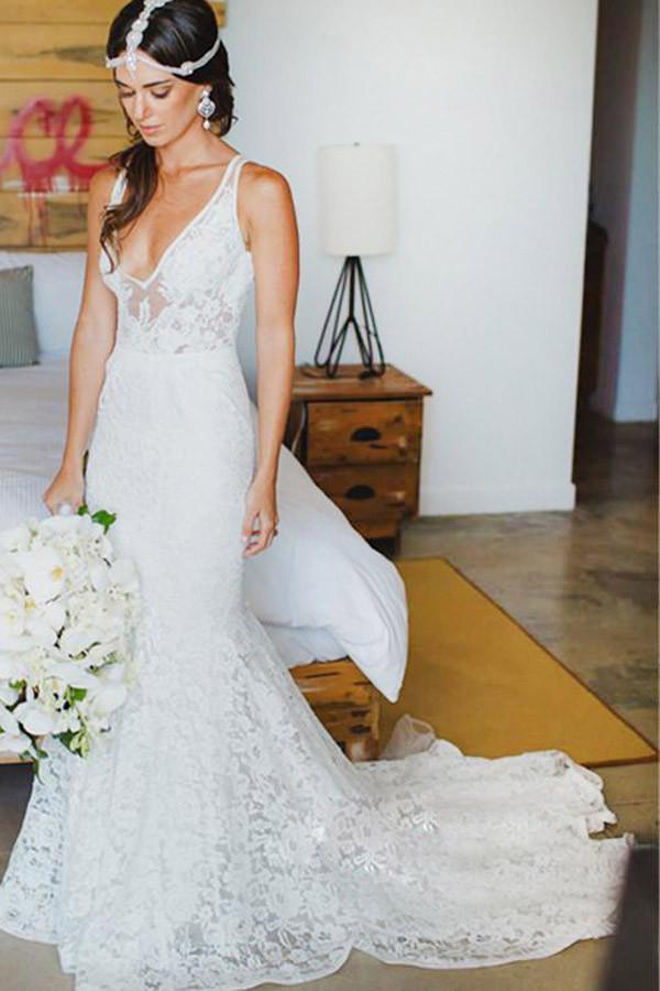 Elegant Mermaid Lace V-neck Court Train Ivory Sleeveless Beach Wedding Dresses RS314