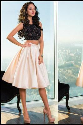 Gorgeous Two Piece Black Lace Open Back Short Cute Sweet 16 Dress Homecoming Dress RS245