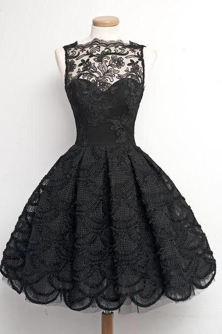 A-Line Scalloped-Edge Sleeveless Vintage Black Lace Knee-Length Homecoming Dress RS235