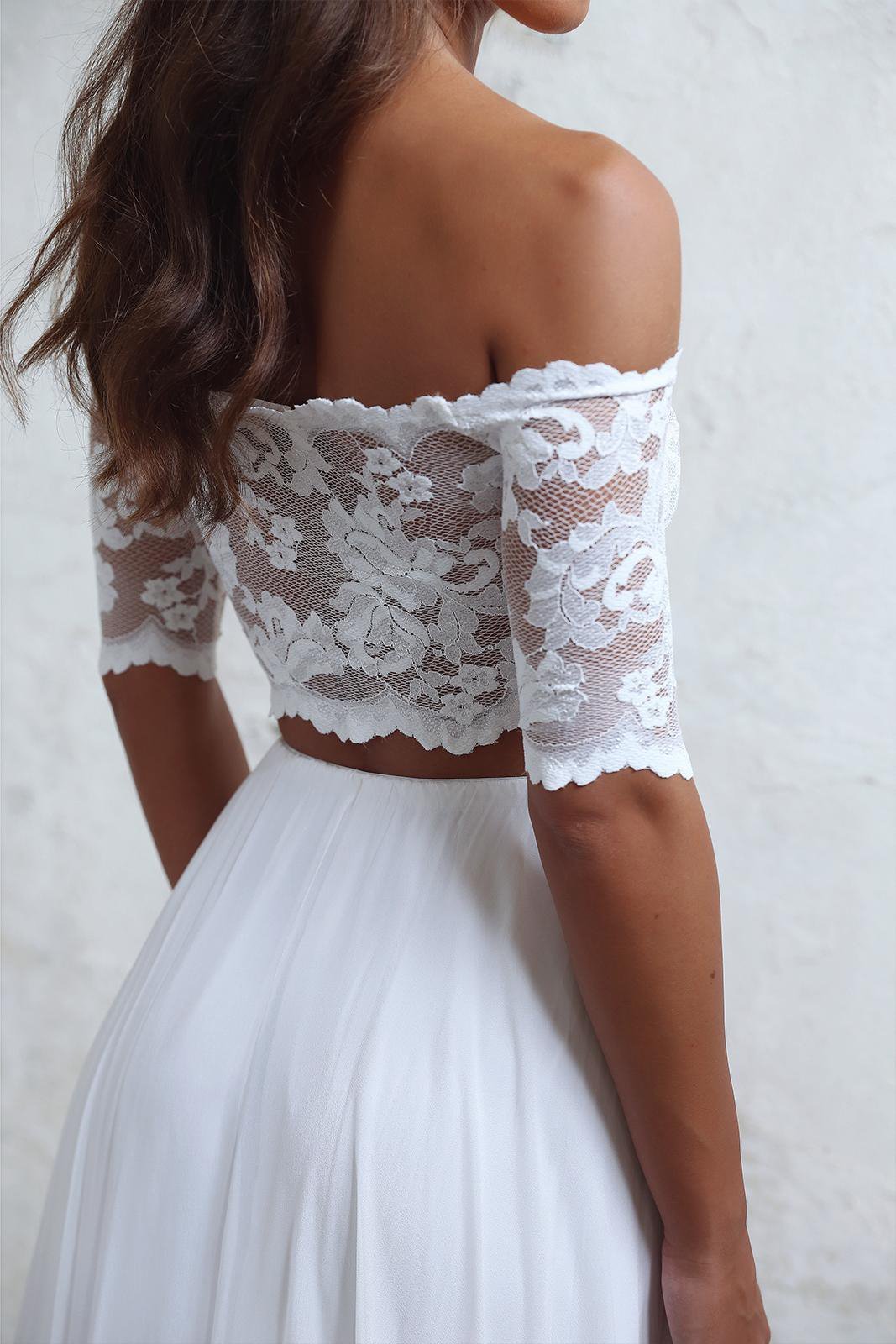 A-Line Long Lace Ivory Chiffon Off the Shoulder Short Sleeve Two Pieces Wedding Dresses RS383