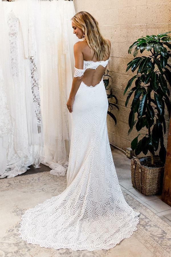 Off the Shoulder White Sweetheart Lace Sexy Mermaid Open Back Beach Wedding Dresses RS725