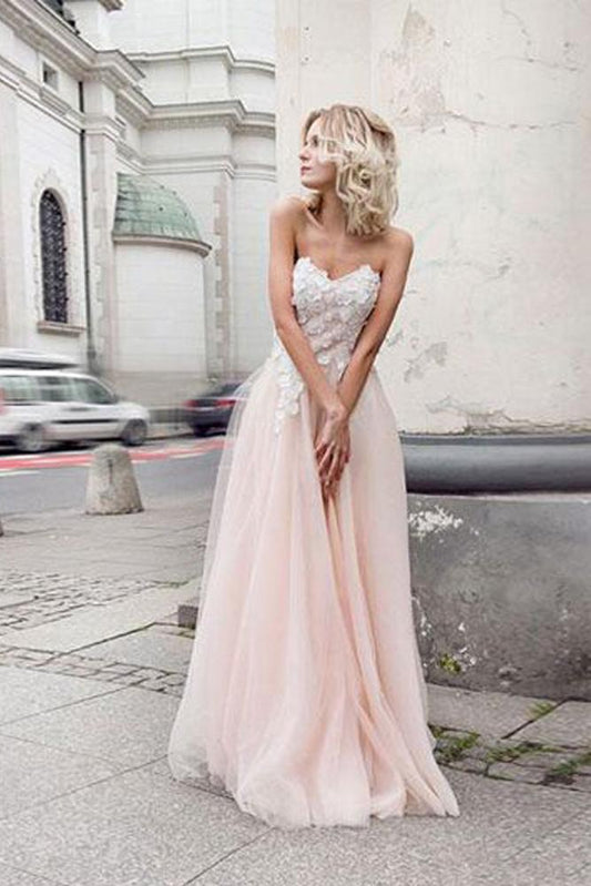 A Line Sweetheart Tulle Pink Prom Dresses with Appliques Beach Wedding Dresses RS970