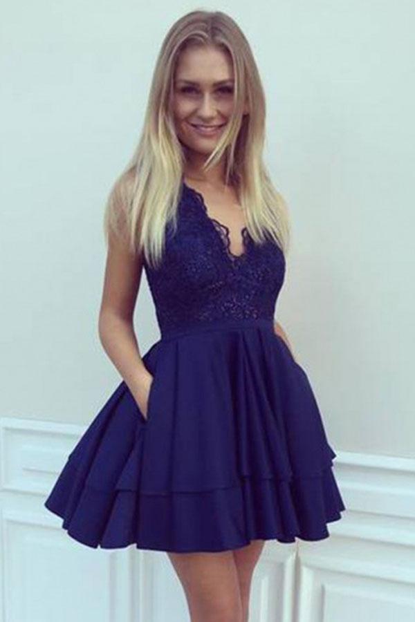 A-Line V Neck Short Navy Blue Satin Homecoming Dresses with Lace Sequins Pockets RS709