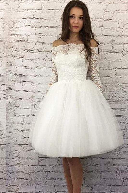 Chic Off the Shoulder Half Sleeves Ivory Lace Short Tulle Homecoming Dresses RS938