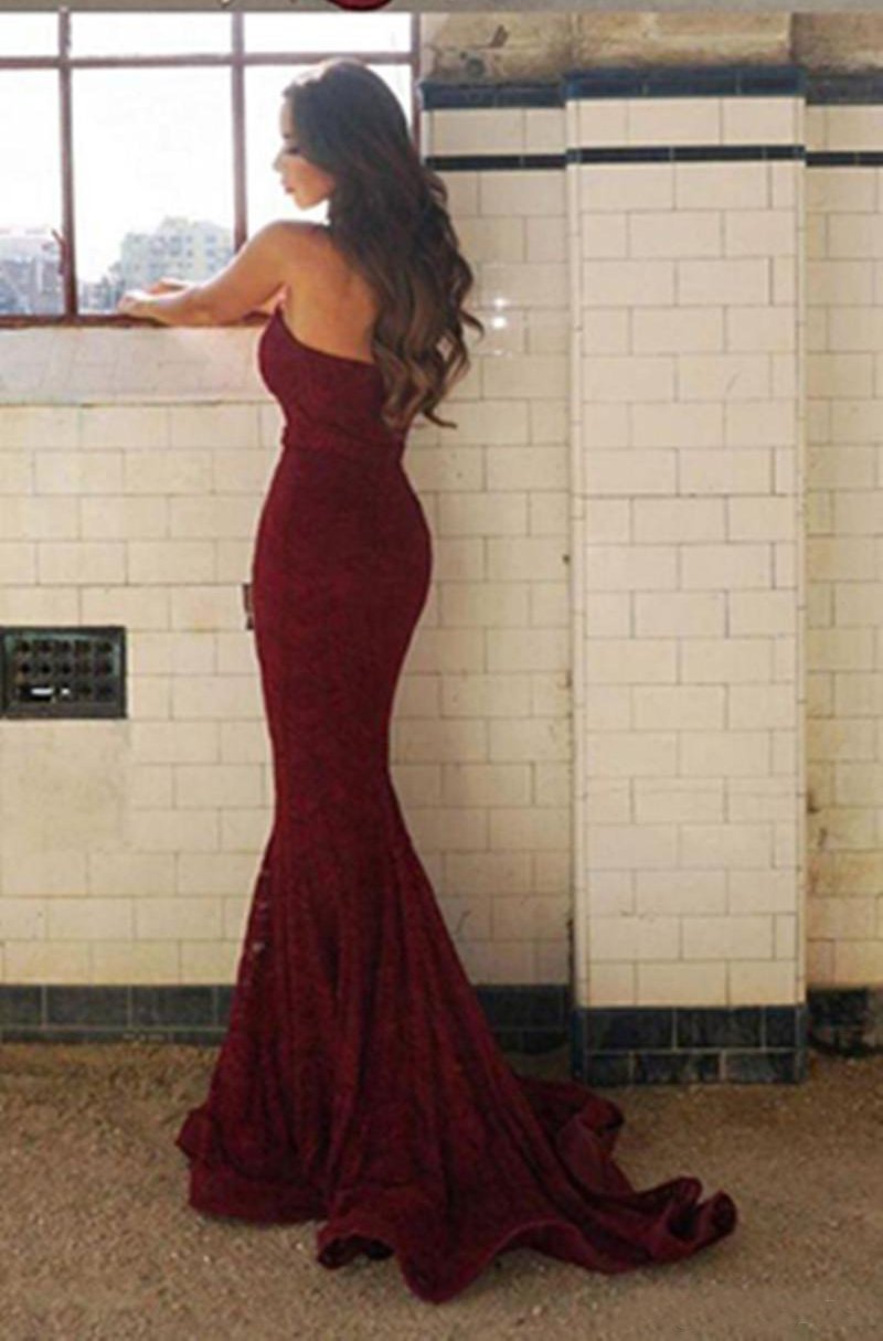 Burgundy Sweetheart Strapless Lace Mermaid Cheap Long Prom Dress Bridesmaid Dresses RS13