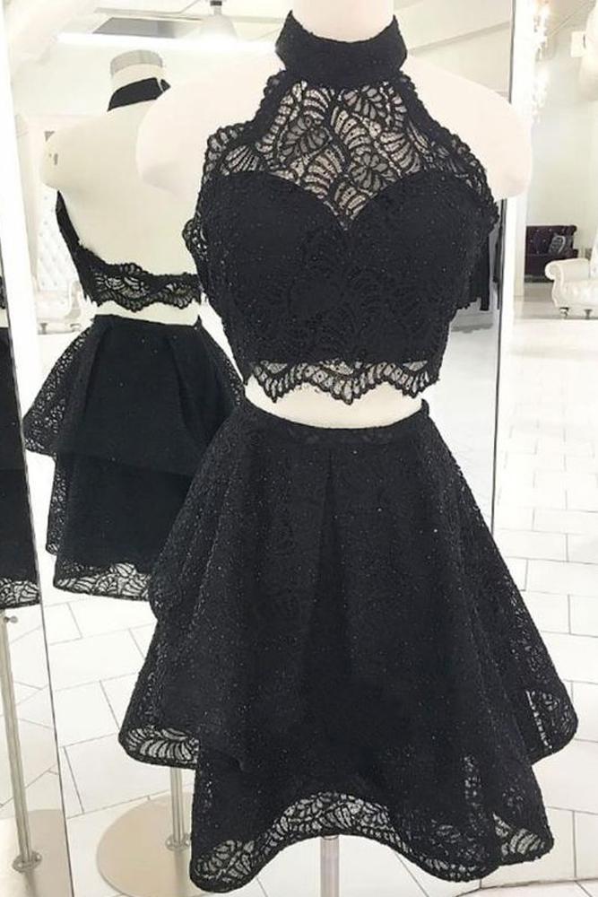 Fashion A Line Two Pieces Halter Backless Black Lace Short Homecoming Dresses RS983