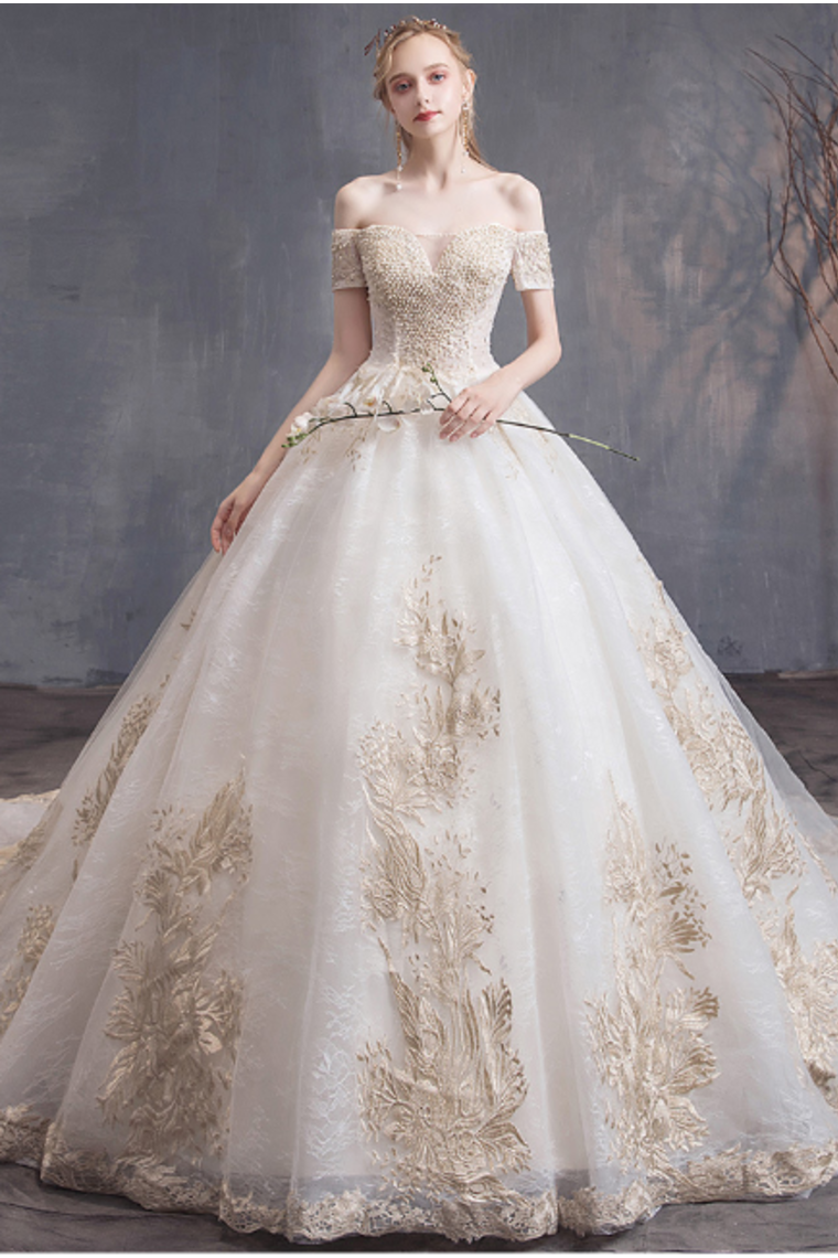 Buy Ball Gown Tulle Wedding Dresses Off The Shoulder Appliques Beads ...