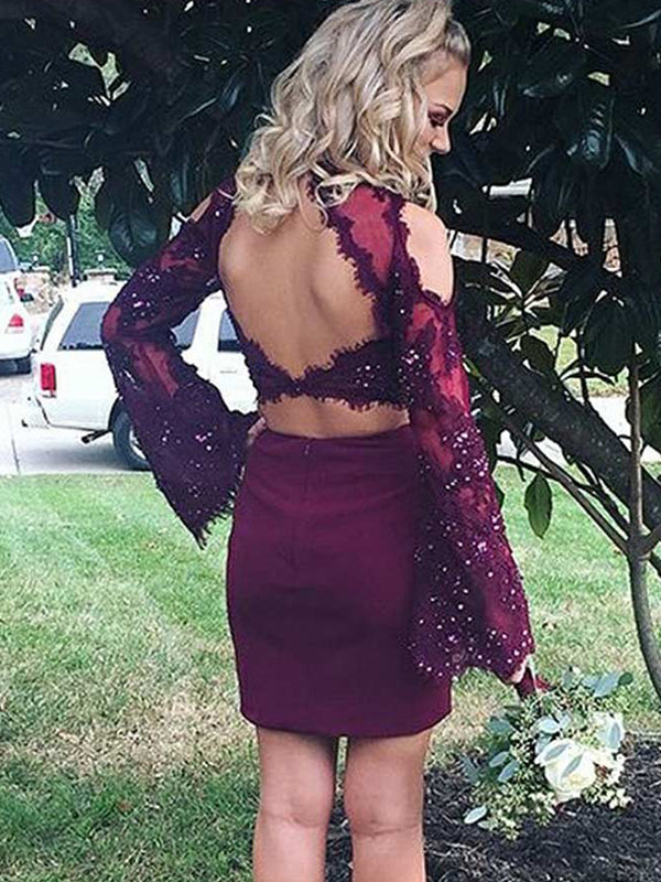 2024 Lori Homecoming Dresses Sheath/Column Halter Long Sleeve Cut Out Back Applique Beading Two Piece Cut Short/Mini