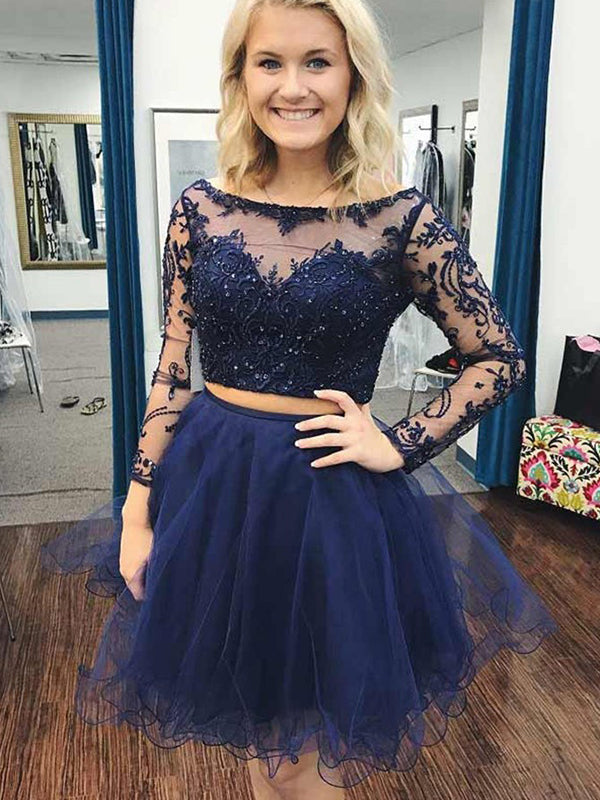 2024 Ball Gown Homecoming Dresses Dahlia Two Piece Bateau Neck Long Sleeve Applique Beading Organza Cut Short/Mini