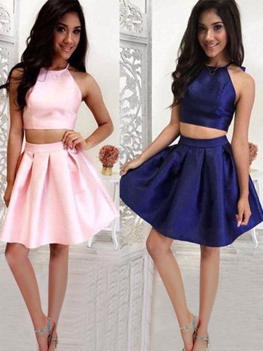 Two Piece Halter Sleeveless Danica Satin Homecoming Dresses Pleated Cut Short/Mini