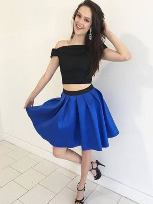 Two Piece Satin Emilia Homecoming Dresses Off-The-Shoulder Pleated Cut Short Mini