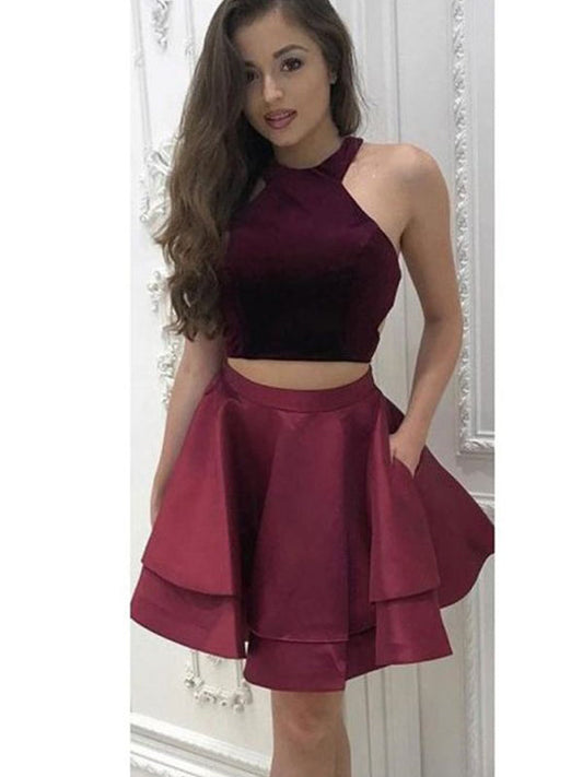 Two Piece Pearl Satin Homecoming Dresses Halter Sleeveless Cut Short A-Line Mini