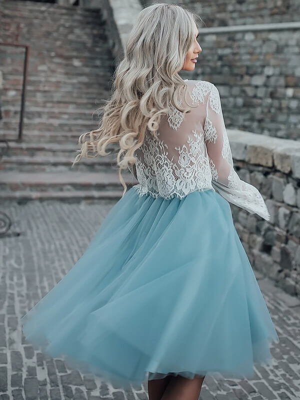 Lace Tanya Homecoming Dresses Two Piece See Through Scoop Neck Long Sleeve Tulle Ball Gown Knee-Length