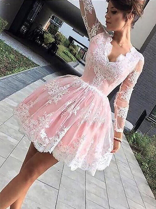 Ball Gown V Homecoming Dresses Eliza Neck Long Sleeve Applique Cut Short Mini