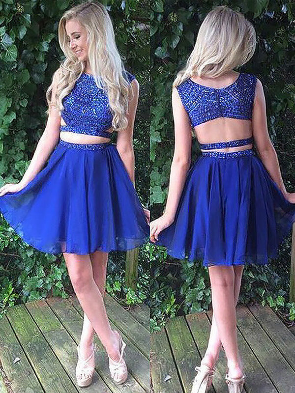 Two Piece Beading Scoop Neck Sleeveless Chiffon Homecoming Dresses Ada Cut Out Back Cut Short Mini