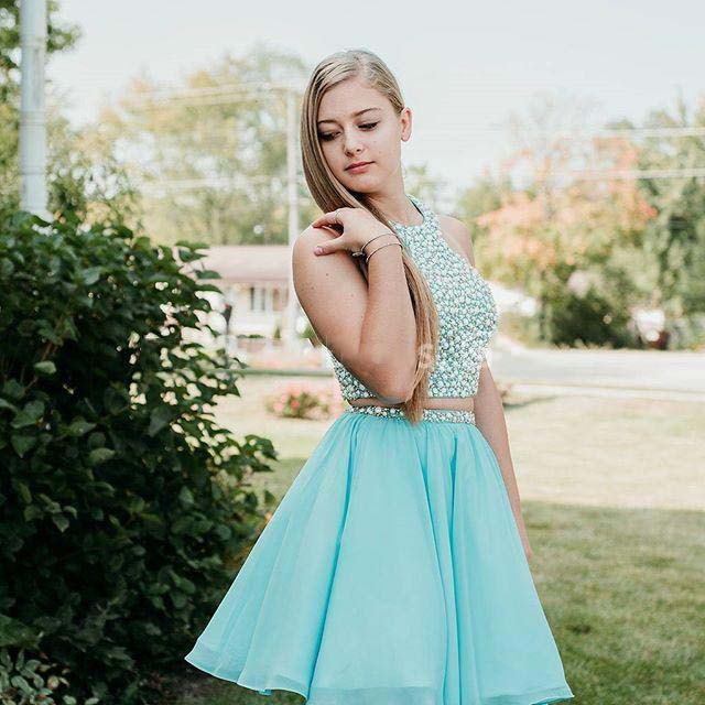 Homecoming Dresses A Line Sloane Two Pieces Chiffon Halter Sleeveless Rhinestone Pleated Blue