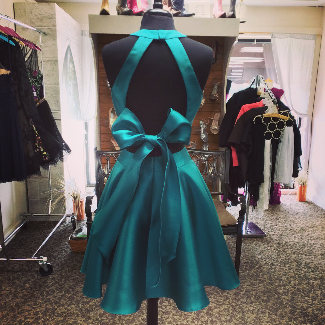 Halter Homecoming Dresses Joyce Satin Two Pieces A Line Sleeveless Cut Out Bow Knot Teal Pleated