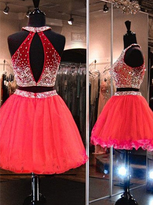 Sleeveless Pleated Organza Red Halter Homecoming Dresses A Line Two Pieces Vivien Rhinestone Backless