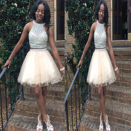 Halter Organza Ada Two Pieces Homecoming Dresses Ivory A Line Sleeveless Rhinestone Beading