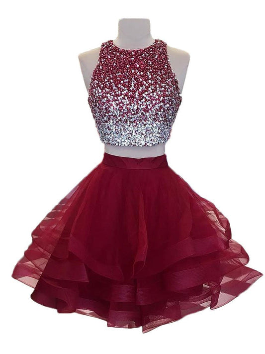 Jewel Sleeveless Rhinestone Organza Homecoming Dresses Leyla Two Pieces A Line Ruffles Backless