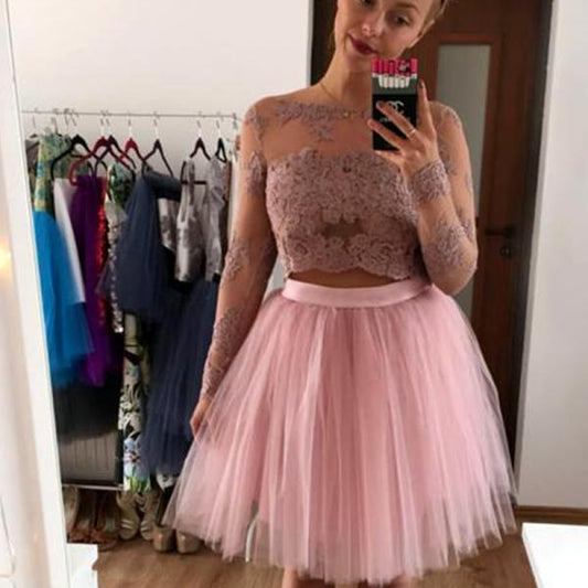 Lace A Line Pink Jaylynn Two Pieces Homecoming Dresses Bateau Long Sleeve Appliques Tulle Pleated