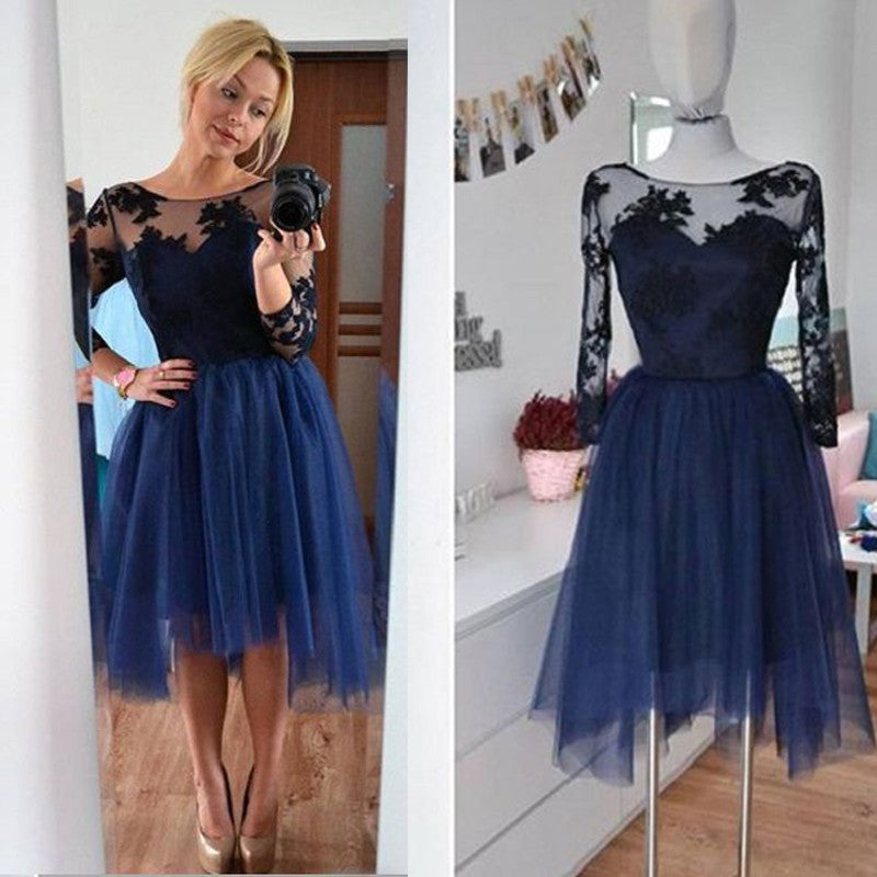 Long Sleeve Scoop Appliques Sheer Pleated Homecoming Dresses A Line Madyson Tulle Flowers