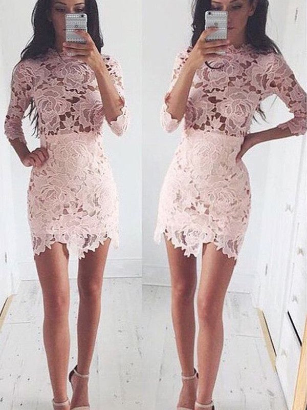 Jewel Pink Lace Homecoming Dresses Reina Long Sleeve Flowers Appliques Sheath Short