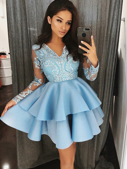 Satin Homecoming Dresses Diana Long Sleeve Sheer V Neck Appliques Ball Gown Tiered Blue