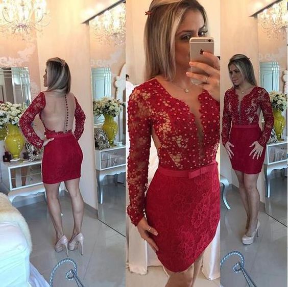 Long Sleeve Scoop Homecoming Dresses Lace Ingrid Sheath Burgundy Sheer Back Beading Short