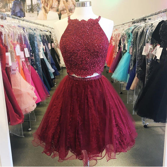 Burgundy Halter Sleeveless Appliques A Line Lace Homecoming Dresses Two Pieces Jaylen Organza