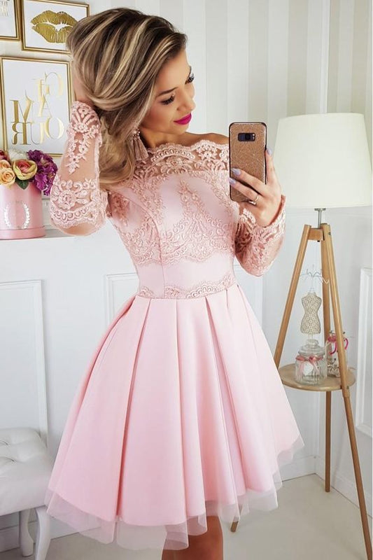 Off The Pink Lace Hazel A Line Homecoming Dresses Shoulder Appliques Long Sleeve Tulle Short