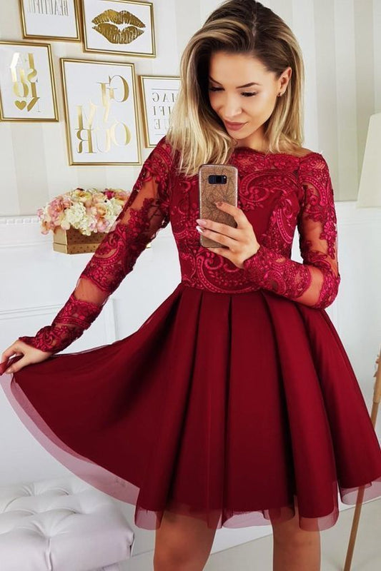 Burgundy Long Sleeve Bateau Appliques Tulle Homecoming Dresses Lace Jenna A Line Pleated