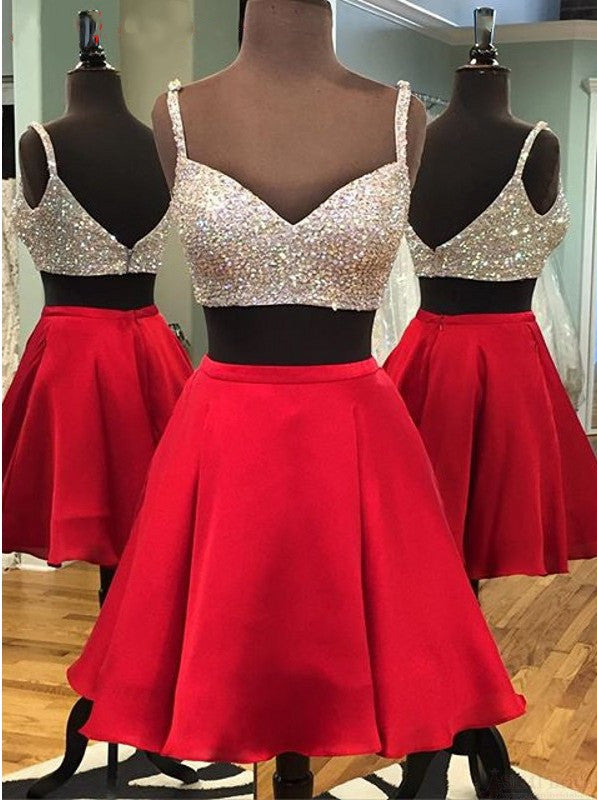 Two Piece Spaghetti Karla Homecoming Dresses Straps Above-Knee Red With Sequins Beading