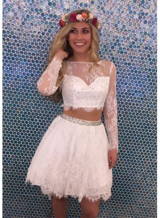 Two Piece Bateau Long Sleeves Homecoming Dresses Lace Daisy White Tulle 2024 With Beading