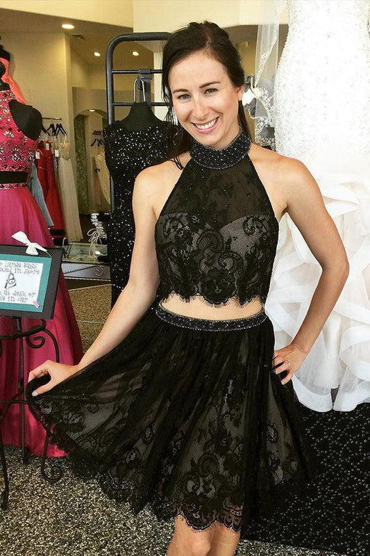 Two Piece High Neck Beading Homecoming Dresses Lace Melody Black 2024